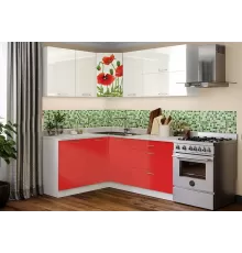 Кухня Маки красные угловая 1.5 на 1.8 м белый глянец / красный металлик